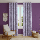 White and purple curtains with a vertical birch tree pattern and metal eyelets - Home Loom India